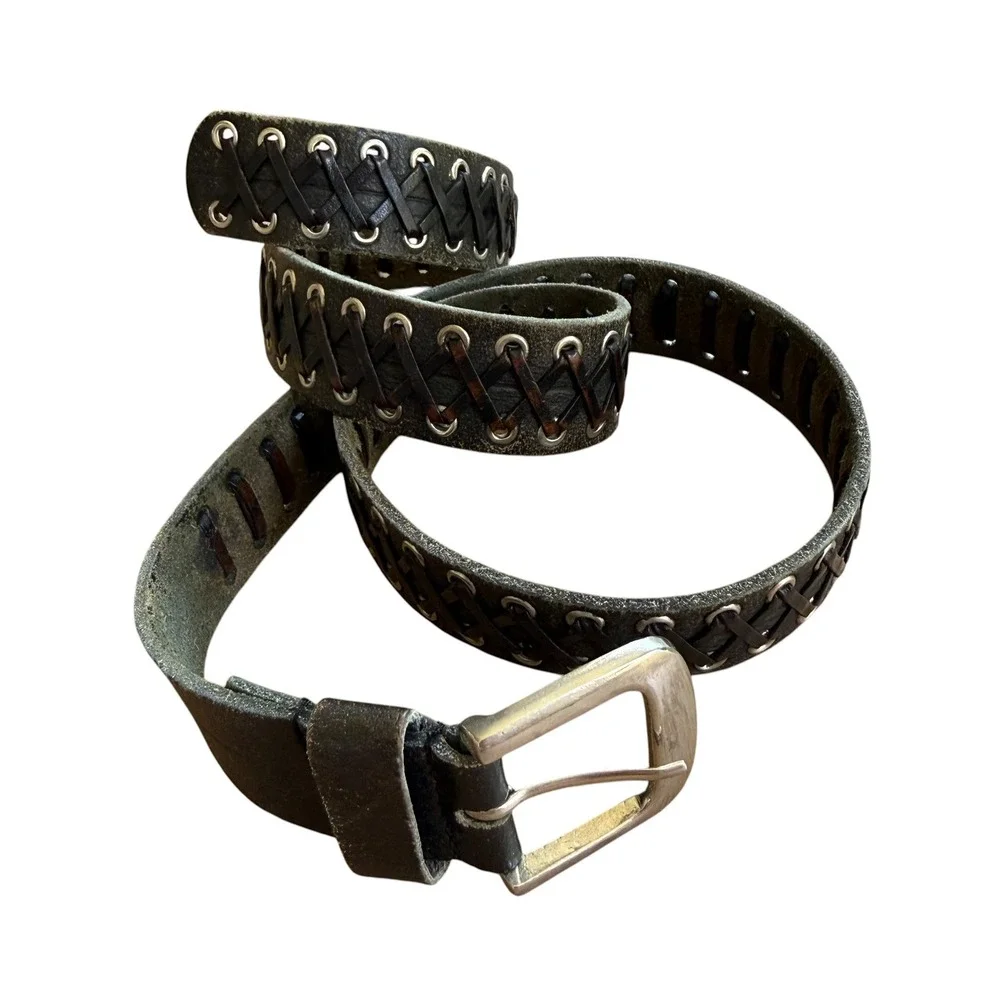 Vintage Distressed Black Leather Lace Up Grommet Belt Silver Buckle Boho Edgy